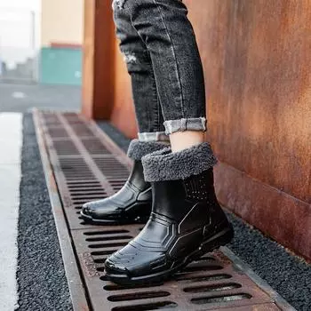 2024 Новые повседневные мужские теплые резиновые сапоги до щиколотки на толстой подошве, нескользящие водонепроницаемые ботинки, однотонные резиновые сапоги средней высоты 36-45 36