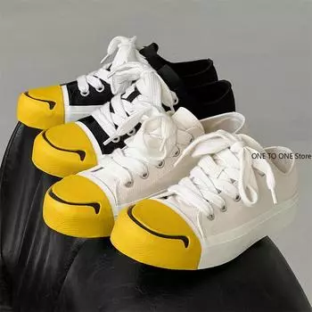 2024 Новые повседневные персонализированные туфли из ткани с улыбкой для мужчин и женщин, универсальные повседневные спортивные туфли с круглым носком на шнуровке на толстой подошве 39 бежевый