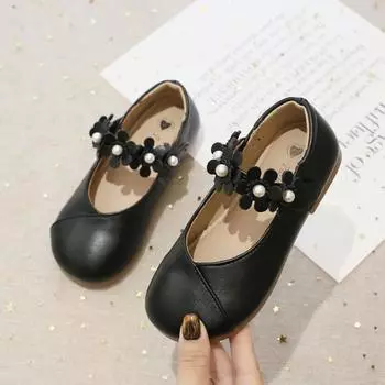 2024 Новые простые детские туфли с цветами, нескользящие, с круглым носком, с липучками, корейские, из искусственной кожи, на платформе, повседневная детская обувь, бесплатная доставка 23 чёрный