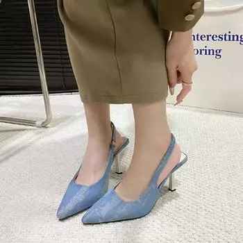 2024 Новые простые дизайнерские джинсовые туфли Backspace на высоком каблуке с заостренным носком и неглубоким носком сандалии на тонком каблуке Baotou сандалии женские 35 синий