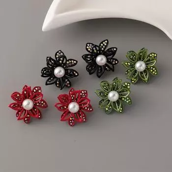 2024 Новые простые индивидуальные ретро креативные серьги-цветы с жемчугом для женщин серьги-гвоздики из сплава с бриллиантами изысканный подарок в виде ювелирных изделий красный