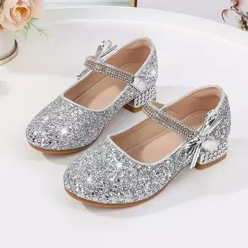 2024 Новые простые нескользящие мягкие туфли принцессы с блестками для вечеринки, свадьбы, девушки, ПУ, детская модная повседневная обувь, нескользящие низкие каблуки 26 золотой