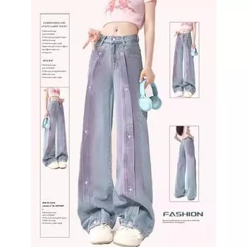 2024 новые прямые джинсы с градиентом для женщин, винтажные мешковатые джинсовые брюки с высокой талией Y2k, джинсы в стиле Харадзюку в стиле Instagram S синий