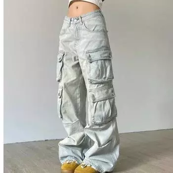 2024 Новые рабочие джинсы High Street с несколькими карманами, мужские свободные повседневные брюки с прямыми штанинами и широкими штанинами S