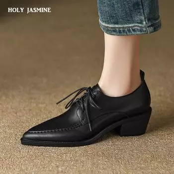 2024 Новые рабочие повседневные женские туфли-лодочки на низком каблуке, удобные весенне-летние туфли из натуральной кожи на шнуровке для женщин в стиле ретро 34 чёрный