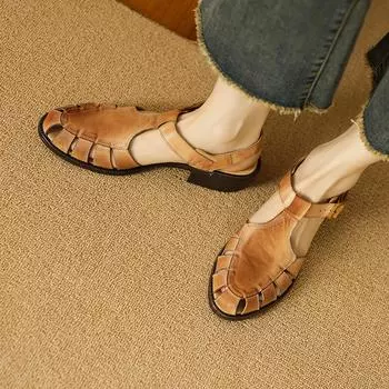 2024 Новые ретро женские сандалии из натуральной кожи на толстом высоком каблуке Летняя удобная кожаная повседневная обувь Женские сандалии Обувь для женщин 34 чёрный