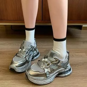 2024 Новые ретро женские толстые подошвы для альпинизма спортивные сетчатые дышащие модные многофункциональные повседневные туфли 35 серебряный