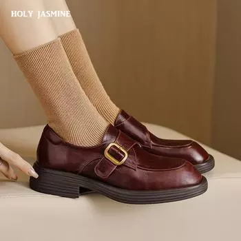 2024 Новые ретро женские туфли-лодочки с круглым носком на толстом каблуке женские туфли из натуральной кожи с пряжкой на ремне офисные женские туфли-лодочки весна-лето 34 чёрный