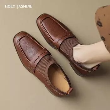 2024 Новые ретро женские туфли-лодочки с круглым носком и средним каблуком Повседневная рабочая обувь Женская весна-лето Натуральная кожа Офисные женские лоферы 34 чёрный