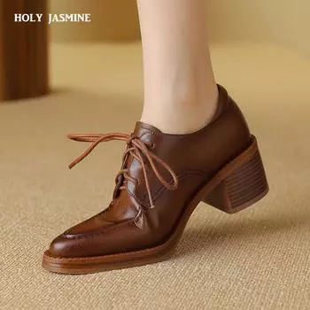 2024 Новые роскошные дизайнерские женские повседневные кожаные туфли из натуральной кожи Туфли на высоком каблуке с круглым носком Британские туфли-дерби на шнуровке Туфли-лодочки 34 чёрный