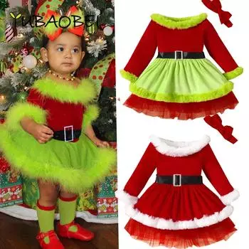 2024 Новые рождественские костюмы, платье для девочек, детское пышное газовое платье принцессы + повязка на голову, детская одежда 12-18M красный