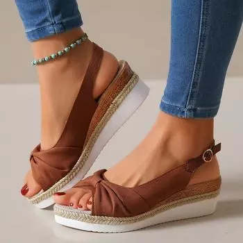 2024 новые сандалии большого размера из пеньковой веревки с бантом на танкетке повседневные сандалии женская обувь 36 чёрный