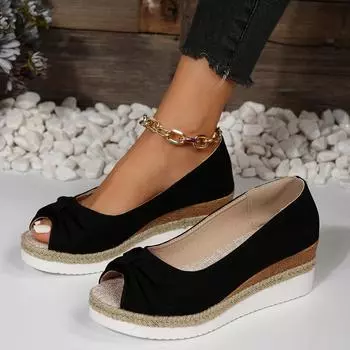 2024 новые сандалии пеньковая веревка бант танкетка каблук сандалии женская обувь сумка каблук 36 чёрный