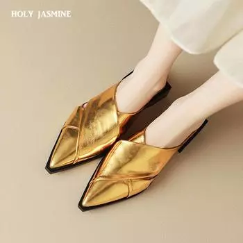 2024 Новые сетчатые красные туфли Muller на низком каблуке с подошвой из спилка, популярные полутапочки Baotou, женская одежда, ленивая обувь и классные тапочки 34 золотой