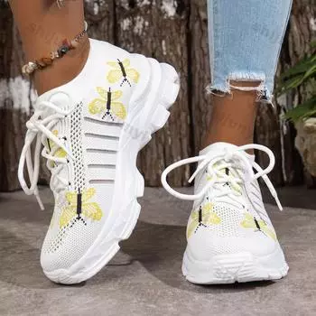 2024 Новые сетчатые кроссовки Женские туфли на плоской платформе Женская обувь Повседневные кроссовки Женские кроссовки с принтом Женская обувь 35 бежевый