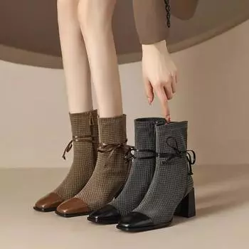 2024 Новые сетчатые женские ботинки с острым носком, ботильоны для женщин, зимние офисные туфли на молнии на каблуках, модные женские туфли со шнуровкой и бантом для вечеринок 35 коричневый