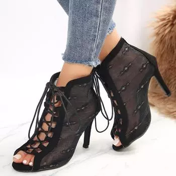 2024 новые сексуальные босоножки на высоком каблуке с рыбьим ртом, сексуальные босоножки с тонким каблуком в сеточку, женские классные сапоги с рыбьим ртом 36 чёрный