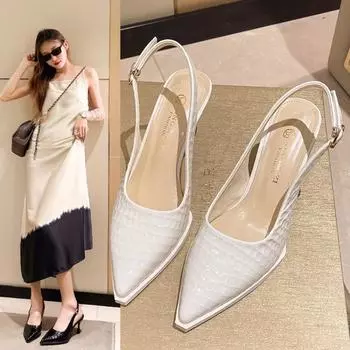 2024 Новые сексуальные туфли на высоком каблуке с острым носком, женские сандалии, дизайнерские летние модные туфли-лодочки Serpentine, повседневная обувь с открытой пяткой 35 чёрный