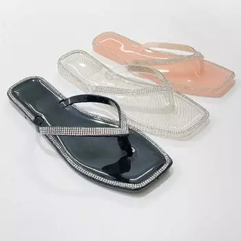 2024 Новые шлепанцы с квадратным носком и стразами, женские тапочки, модные плоские прозрачные туфли из желе, повседневные пляжные шлепанцы для отдыха на природе 36 чёрный