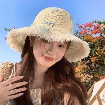 2024 Новые соломенные кепки с цветочным бантом для женщин Весна и лето Путешествия Универсальные морские каникулы Защита от солнца Большие козырьки от солнца 56-58cm