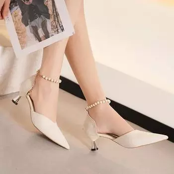 2024 Новые свадебные туфли на каблуках женские роскошные брендовые дизайнерские туфли с нитками и жемчугом на высоком каблуке женские сексуальные элегантные туфли с острым носком белые черные туфли-лодочки 34