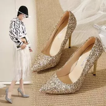 2024 новые свадебные туфли с острыми краями и кристаллами, свадебное платье Xiuhe, два наряда для невесты, туфли на высоком каблуке, одиночные туфли на шпильке 35 серебряный