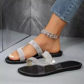 2024 новые тапочки с круглой головкой и плоским дном, прозрачные, полые, со стразами, женские, большого размера, модные тапочки из Юго-Восточной Азии 36 чёрный
