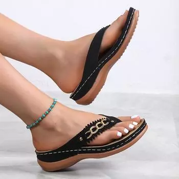2024 новые тапочки женские летние модные босоножки на танкетке со стразами большого размера на толстой подошве шлепанцы с застежкой 36 чёрный