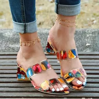 2024 новые тапочки женские со стразами на толстом каблуке одно слово крутые тапочки подходящие по цвету средний каблук большой размер женская обувь 35