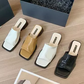 2024 Новые тапочки Женские туфли на высоком каблуке Летние квадратные остроносые тапочки с открытым носком Шлепанцы Платье Сандалии Женская обувь для вечеринок Сандалии 35 бежевый