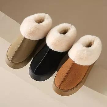 2024 новые теплые зимние ботинки на меху для женщин, зимние толстые плюшевые ботильоны без шнуровки, женская модная обувь из искусственной замши с хлопковой подкладкой Mujer 36 чёрный