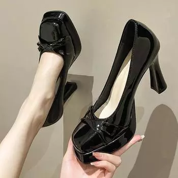 2024 Новые толстые каблуки Элегантные маленькие квадратные туфли с неглубоким носком универсальные одинарные туфли на высоком каблуке для французских девушек 34 бежевый