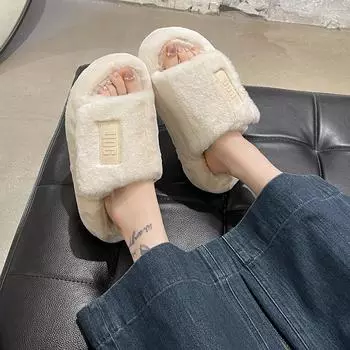 2024 Новые толстые пушистые женские плюшевые тапочки с эффектом увеличения высоты 35 чёрный