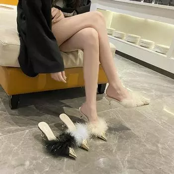 2024 Новые туфли Baotou на высоком каблуке с острым носком, женские туфли Muller на толстом каблуке, модные туфли-лодочки с перьями в стиле феи 33