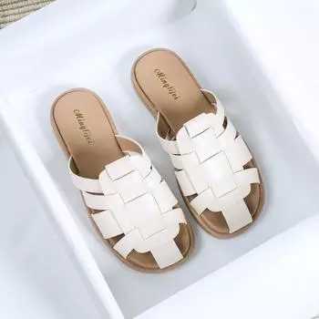 2024 Новые Туфли для Женщин Кожаные Тапочки Летние Ретро Стиль Гладиатор Повседневные Сандалии Пляжная Обувь 35 чёрный