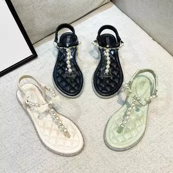 2024 Новые Туфли Для Женщин Сандалии Летние Девочки Красивые Жемчужные Нитки Бисера Тапочки Для Отдыха Женские Повседневные Туфли На Плоской Подошве 34 бежевый