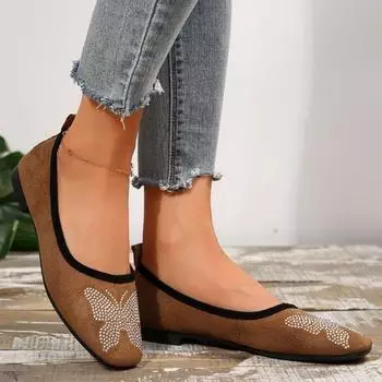 2024 Новые Туфли для Женщин Слипоны Женские Плоские Уличные Повседневные Плоские Женские Квадратные Носки С Кристаллами Бабочки Мягкая Подошва Женские Туфли 36 чёрный