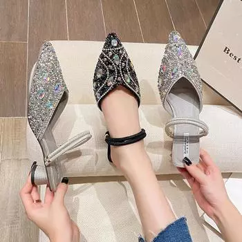 2024 Новые Туфли для Женщин Современные Сандалии Летние Тапочки Для Девочек Стразы Женские Повседневные Туфли На Высоком Каблуке 35 чёрный