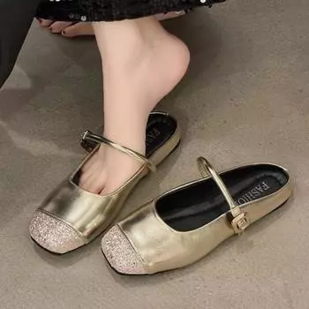 2024 Новые Туфли для Женщин Закрытый Носок Женские Тапочки Легкие Повседневные Тапочки Женские Шикарные Плоские С Пряжкой Ремень Повседневная Обувь Женские 35 золотой