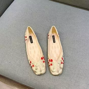 2024 новые туфли Doudou женские новые китайские туфли Hanfu туфли на мягкой подошве с квадратной вышивкой на одну ногу туфли на плоской подошве одинарные туфли с накладными каблуками 35 светло-синий