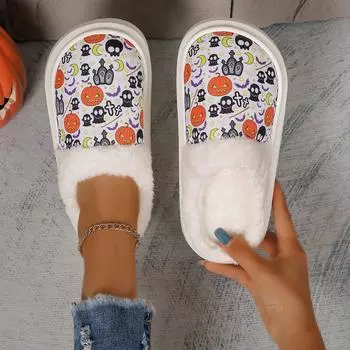 2024 Новые туфли из хлопка на Хэллоуин с рисунком тыквы и черепа, напечатанные на ремешке 36-37 белый