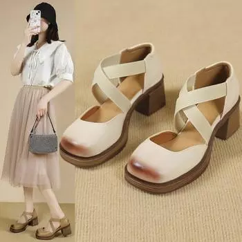 2024 Новые туфли из кожи с острым носком и квадратным каблуком, элегантные женские туфли на высоком каблуке, туфли Мэри Джейн 35 белый