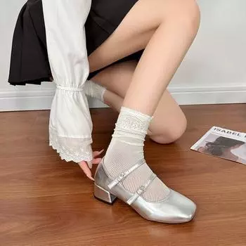 2024 Новые туфли из кожи с острым носком и квадратным каблуком, элегантные женские модные туфли на низком каблуке, туфли Мэри Джейн 35 серебряный