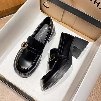 2024 Новые туфли из кожи в стиле ретро с круглым носком, весна-осень, толстый каблук, толстая подошва, одинарные туфли 34