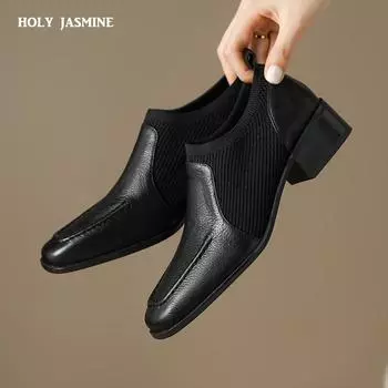 2024 Новые туфли из натуральной кожи высшего качества в стиле ретро для женщин, весенние туфли без застежек на платье с круглым носком, женские мокасины на высоком каблуке, женские туфли на каблуках 34 чёрный