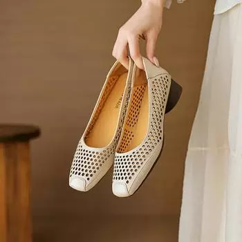 2024 Новые туфли из натуральной кожи на высоком каблуке с пряжкой и вырезами, летняя женская обувь, модные туфли на низком каблуке для вечеринок, туфли на каблуках для женщин 34 бежевый