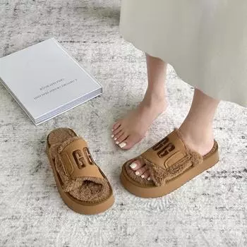 2024 новые туфли из овечьей шерсти на платформе сандалии-маффины с одним словом тапочки женские маленькие туфли 35 верблюд
