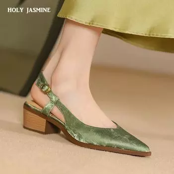 2024 Новые туфли-лодочки из натуральной кожи для женщин, модная обувь весна-лето, женские туфли на высоком каблуке, удобные сандалии-лодочки 34 зелёный