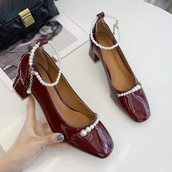 2024 новые туфли-лодочки Pearl на каблуках Mary Jane, женские повседневные туфли на толстом каблуке с квадратным носком, маленькие кожаные туфли, универсальные, осенние 35 покинуть белый