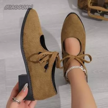 2024 Новые туфли-лодочки с неглубоким носком, однотонные женские туфли на толстом каблуке Loe, повседневные замшевые туфли с острым носком, на шнуровке, элегантные женские туфли на каблуке 36 чёрный